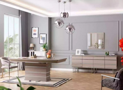 Table, 6x chairs, sideboard, mirror, 9-piece dining room set, group, ensemble